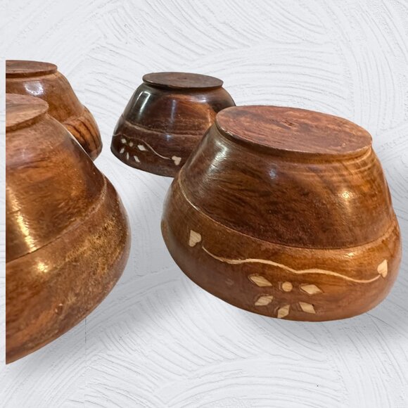 Sheesham Hand-Crafted Wooden Bowls Matching Spoons Set Of 4 With Floral Inlay De - Picture 10 of 16
